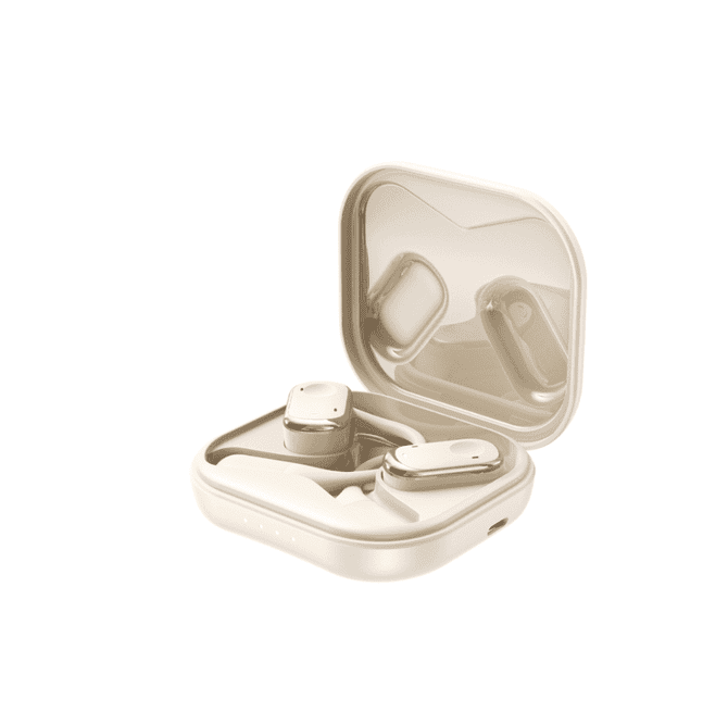 Open-ear headphones in a sleek, light beige charging case, featuring a minimalistic design and a logo.