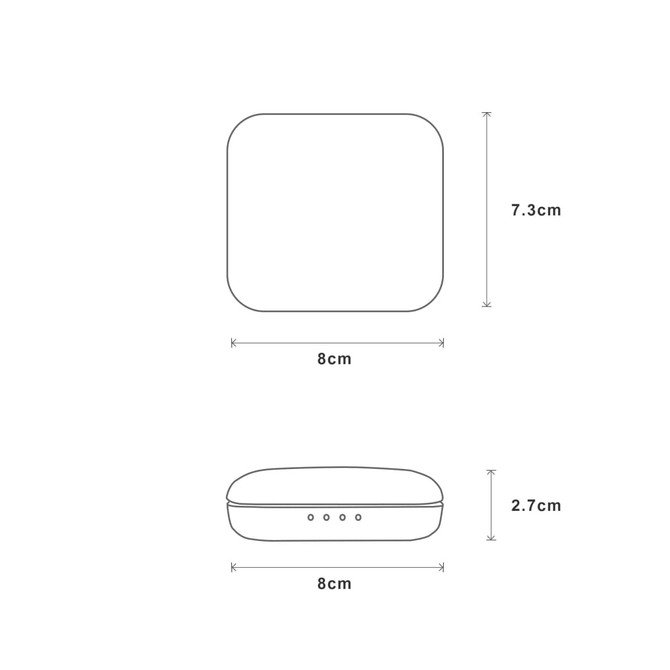 A compact, square case measuring 8cm with rounded edges, featuring three small indicator lights on one side.