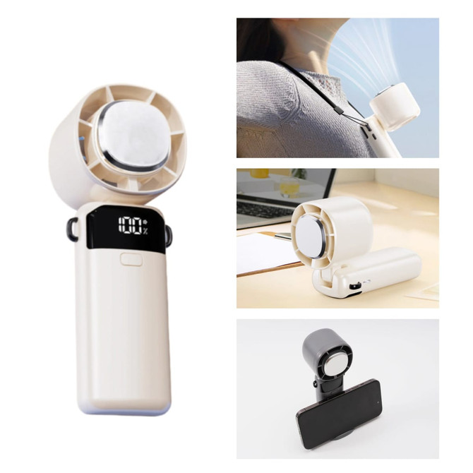 A portable cooling fan in cream and black colours, featuring a built-in phone stand and a digital display.