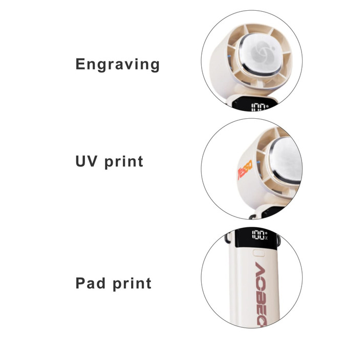A portable cooling fan in white, featuring a built-in phone stand and multiple customisation options like engraving and printing.