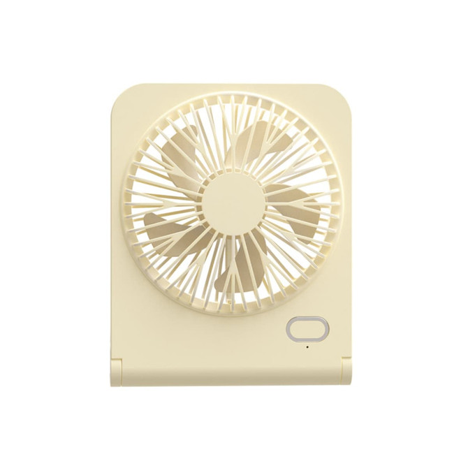 A mini desk fan in cream colour features a circular grille and a single button for operation.