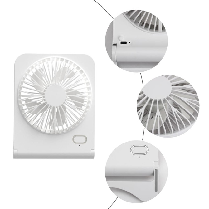 A white mini desk fan with a circular grille and a power button, featuring various angles of its design.