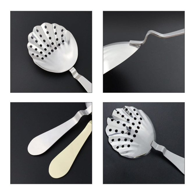 A stainless steel bar strainer with a decorative shell shape and perforations, displayed from various angles.