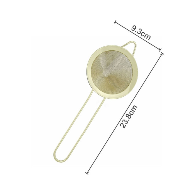 A gold bar mesh strainer with a circular mesh and two handles, measuring 9.3 cm by 23.8 cm.