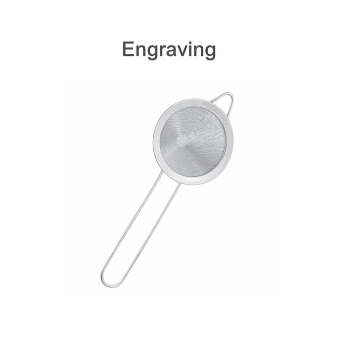 A bar mesh strainer in silver with a fine mesh and elongated handle, featuring branding on the handle.
