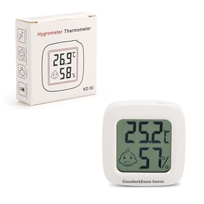 A white digital thermometer with a large display showing temperature and humidity, alongside its packaging.