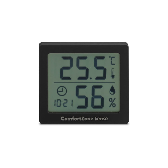 A digital thermometer and hygrometer displaying temperature and humidity. The device has a black casing with a screen.