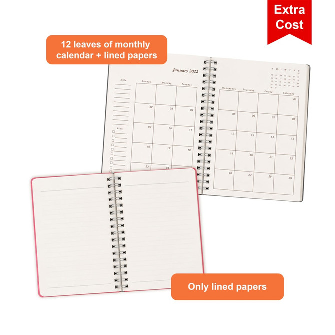 A4 Wiro side bound notebook featuring a monthly calendar layout and lined pages, with a pink accent on the interior.