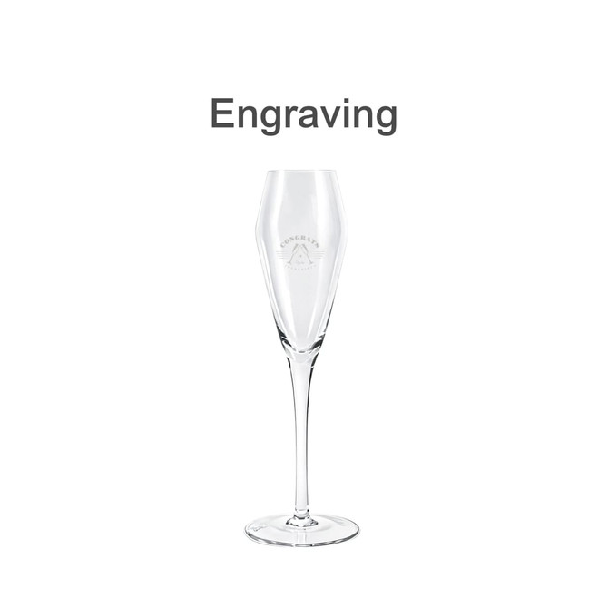 A tall, clear glass champagne flute with a tapered design and an engraved logo.