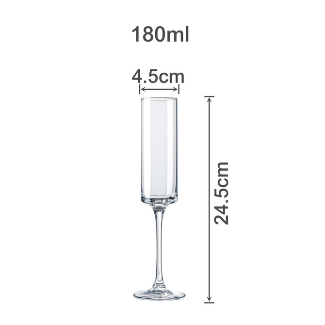 A straight champagne flute, clear glass, measuring 180ml with a height of 24.5cm and a diameter of 4.5cm.