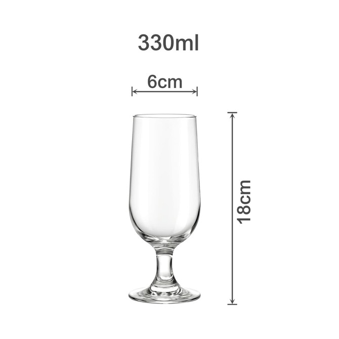 A clear goblet glass with a round base, measuring 18 cm in height and 6 cm in diameter, with a 330ml capacity.