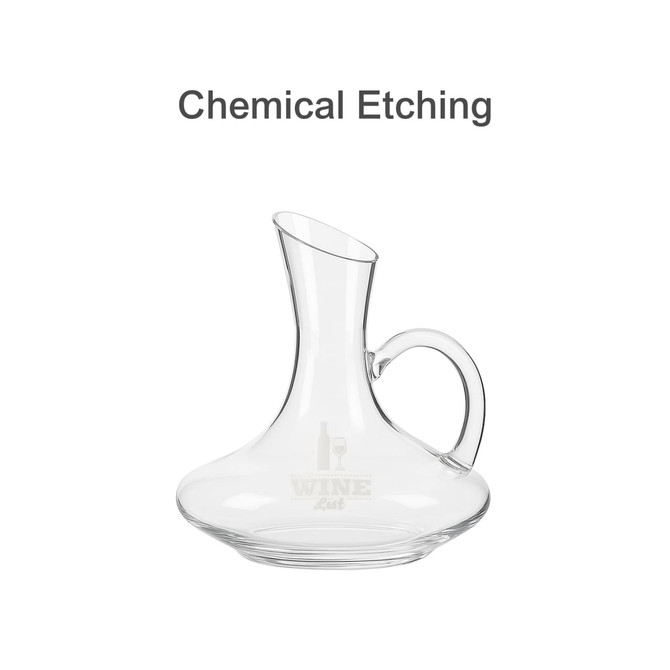 A wine decanter with a curved body and handle, made of clear glass, featuring a seamless design.