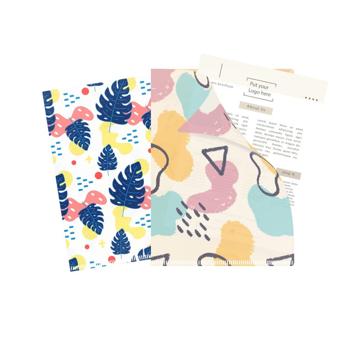 A4 L-shaped open folder featuring abstract patterns in blue, pink, yellow, and green with a logo.