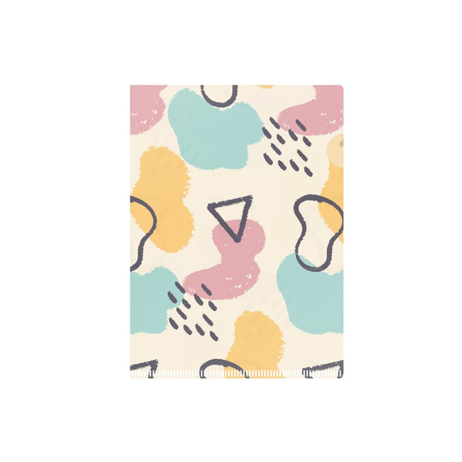 A4 L-shaped open folder featuring a pastel abstract pattern with blue, peach, and yellow shapes on a cream background.