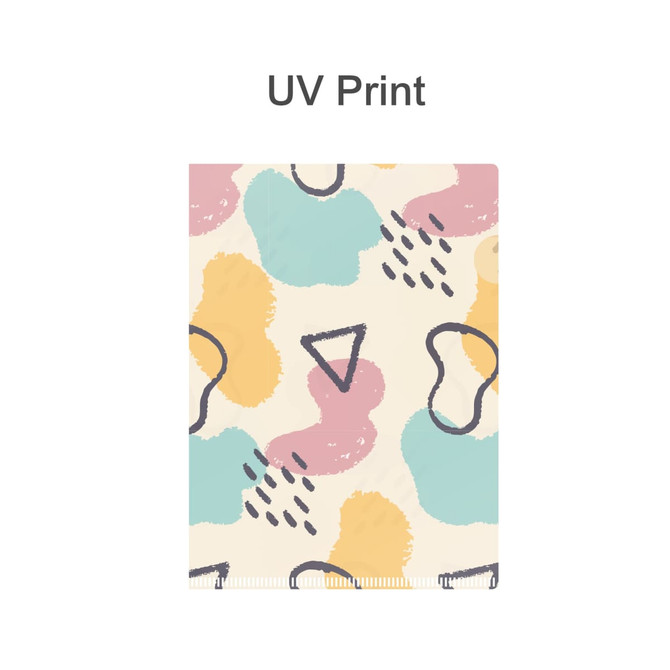 A4 L-shaped open folder with a colourful abstract pattern featuring pastel pink, blue, and yellow shapes.