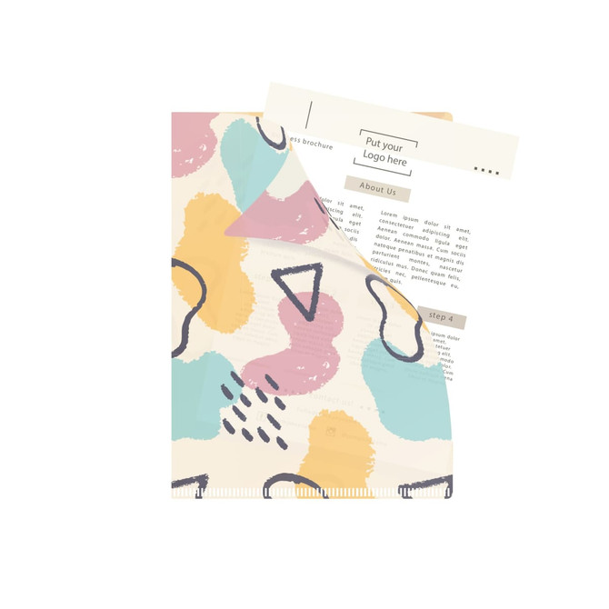 An A4 L-shaped open folder featuring a colourful abstract design with various shapes in pastel colours.