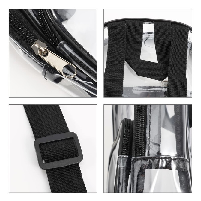 A clear mini backpack with a black zipper, straps, and buckle detailing. It features a transparent design.