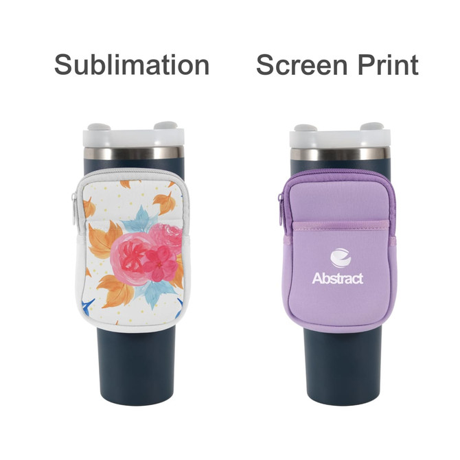 A drink bottle pouch in floral and purple designs, featuring zippers and a logo on the side.