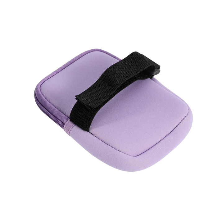 A drink bottle pouch in a pastel purple colour with a black strap, featuring a zip closure and a smooth surface.
