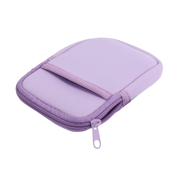 A drink bottle pouch in purple with a zip closure and a front pocket. It features a logo on the side.