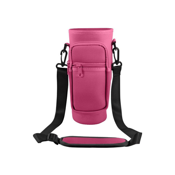 A drink bottle carrier bag in pink with a phone pocket and adjustable black straps. Features a logo on the side.