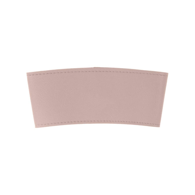 A leather cup sleeve in a soft pink hue, featuring stitching details and a simple design.