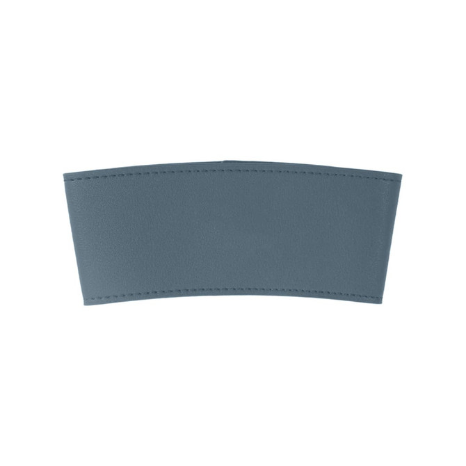 A leather cup sleeve in a muted blue colour with stitching along the edges and a smooth texture.
