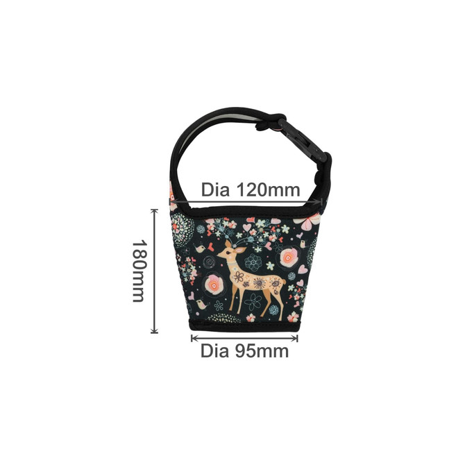 A cup pouch sleeve in black, featuring a floral design with a deer and colourful patterns, measuring 180mm high.