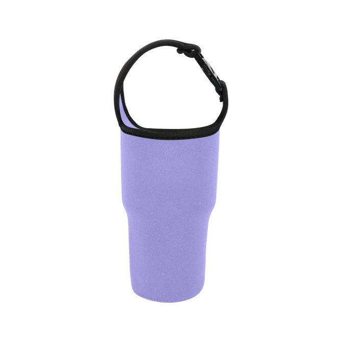 A drink bottle holder pouch in purple with a black strap and a logo.