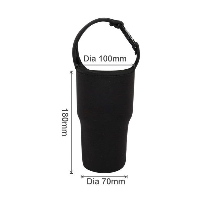 A drink bottle holder pouch in black with a handle and specified dimensions. It features a logo.