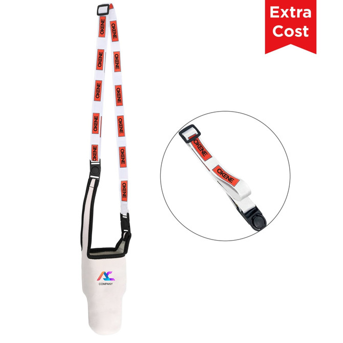 A drink bottle holder pouch in white with a colourful strap and adjustable buckle, featuring a logo.
