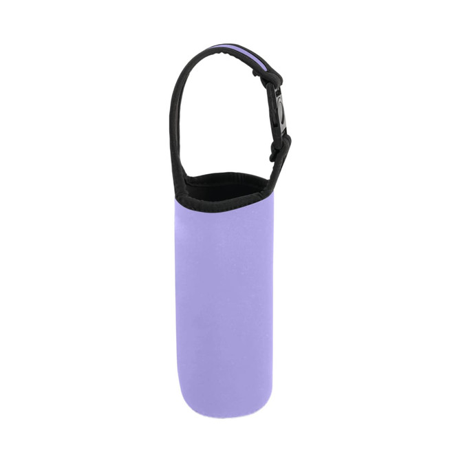 A drink bottle pouch in lavender with a black strap and branding, designed for easy carrying.