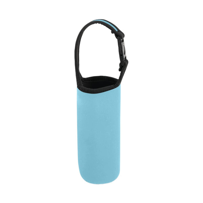 A drink bottle carrier pouch in a light blue colour with a black handle. Features a logo on the surface.