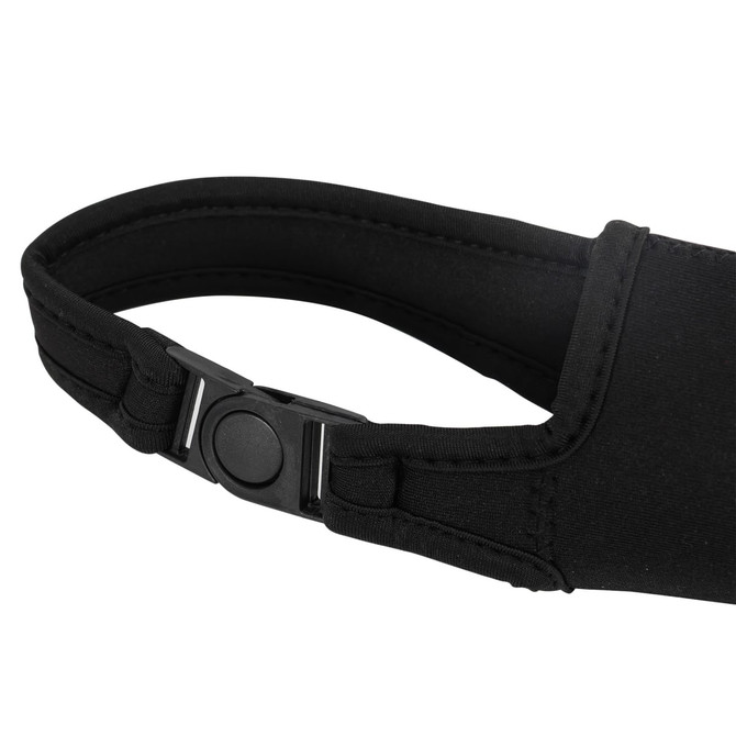 A drink bottle carrier pouch in black, featuring a strap with a buckle for adjustable fitting.