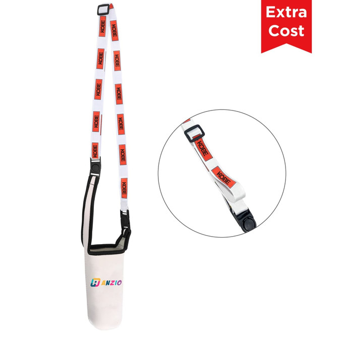 A drink bottle carrier pouch in white with a colourful strap and a logo. Includes a convenient shoulder strap for carrying.