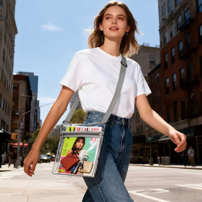 A clear PVC crossbody bag in shades of transparent and grey, holding magazines and featuring an inner pouch.