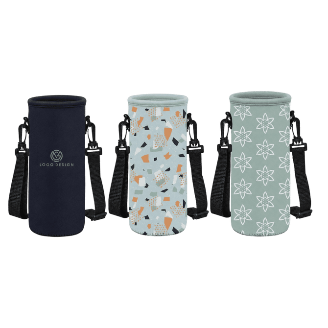 A drink bottle carrier featuring three designs: a navy blue, a geometric pattern, and a floral pattern, each with straps.