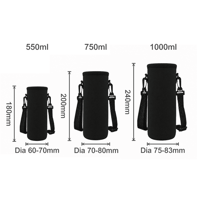 A drink bottle carrier in black, designed for various bottle sizes with adjustable straps and a logo.