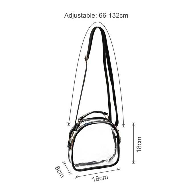 A clear PVC waterproof crossbody bag with black straps, featuring adjustable sizing and a zip closure.