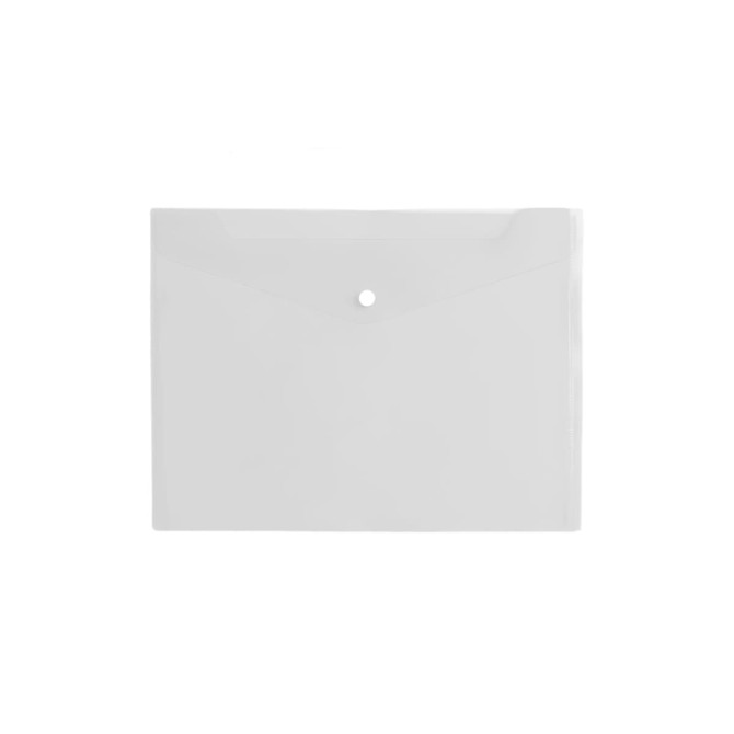 A4 clear file envelope in white, featuring a button closure and a slightly textured surface. Includes a logo.