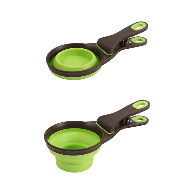 A collapsible pet food scoop in green and brown, featuring two sizes that nest together.