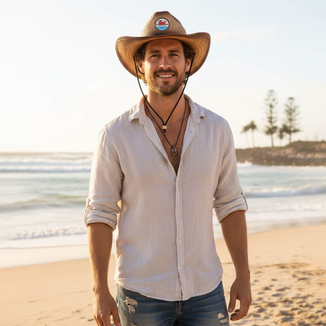 A man on a beach wearing a tan sprayed cowboy straw hat and a light-coloured shirt.