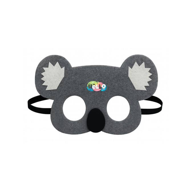 A koala-shaped felt mask in grey with white ears and a black nose, featuring a colourful logo.