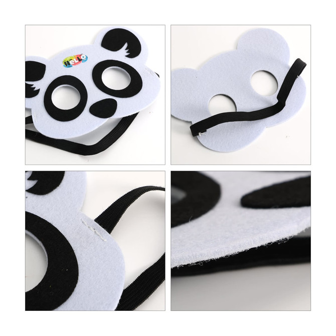 A felt panda mask in grey and black, featuring eye holes and a black elastic strap, with a logo.