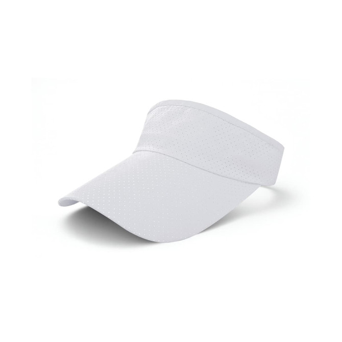 A white breathable sun visor featuring a wide brim and perforated fabric for ventilation. It has a logo on its side.