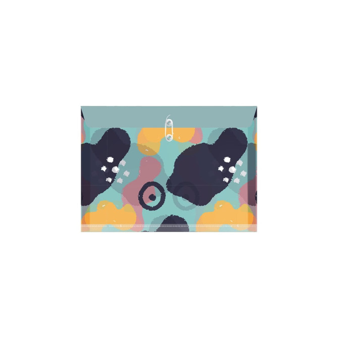 A rope-fastened folder featuring a colourful abstract pattern with shades of blue, yellow, and dark grey.