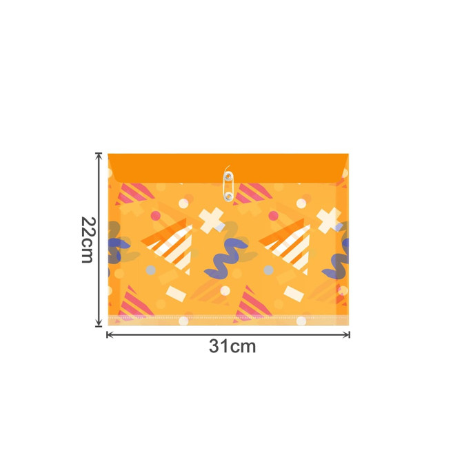 A rope-fastened folder in orange with a playful pattern of shapes and party hats, measuring 31cm by 22cm.