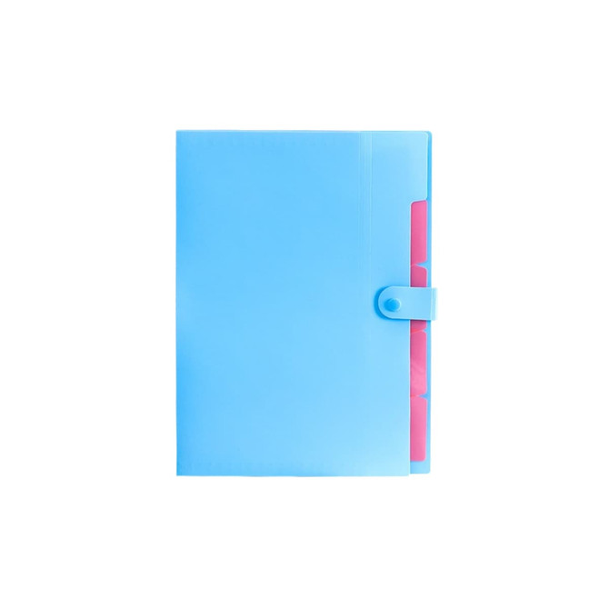 A4 expandable file folder in light blue, featuring a secure button closure and pink inner tabs.