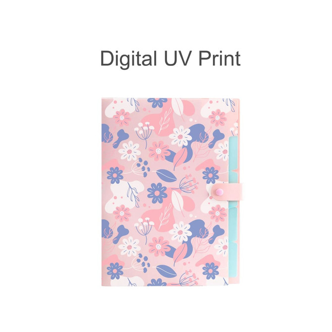 A4 expandable file folder with a floral design in pink, blue, and white, featuring a clasp closure and branding.