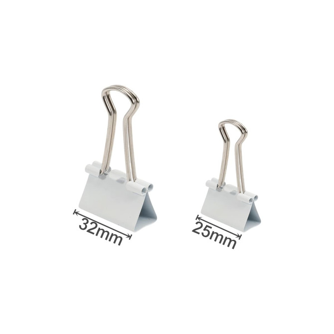 A set of grey binder clips in two sizes, featuring metal handles and a sleek design.